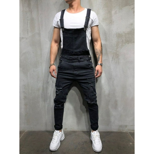 Men s Distressed Denim Carpenter Overalls Bib Jumpsuits Moto Biker Jean Pants