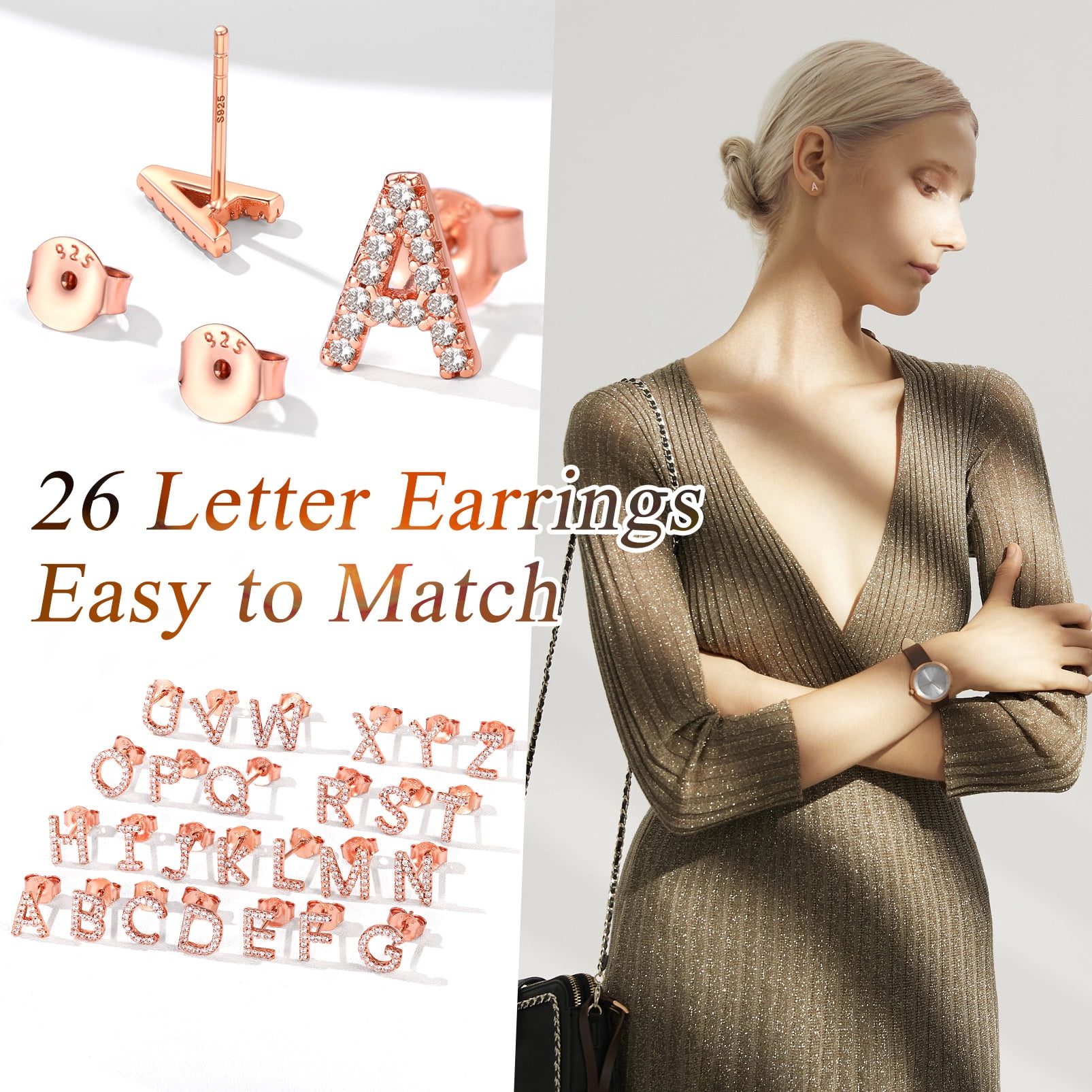 Silvora Rose Gold Plated Stud Initial Earrings for Women CZ Simulated Diamond Letter V Silver Earring