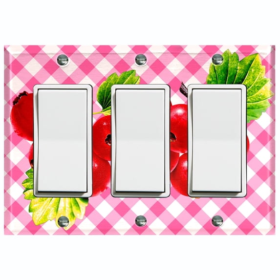 Metal Light Switch Plate Cover Gingham Cranberry Fruit Leaf Picnic Pink FUT002
