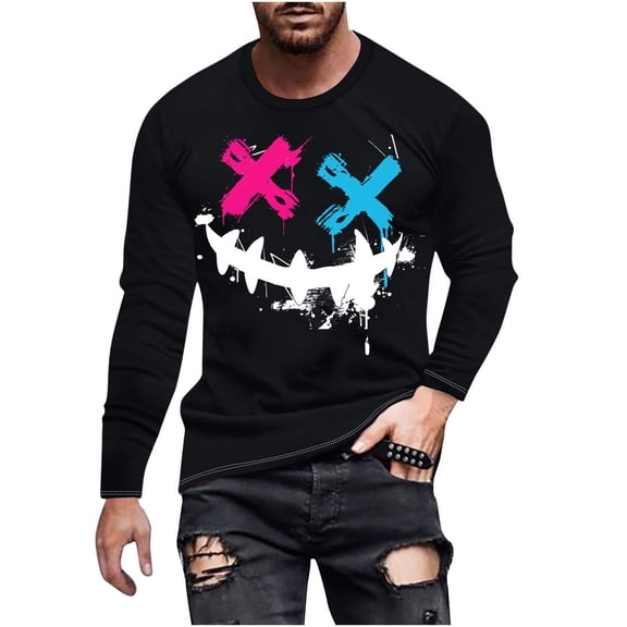 WREESH Halloween Long Sleeve Tops Fashionable Men's Printed Top with Long Sleeved Round Neck and Smiling Face Printed Top/Shirt Black