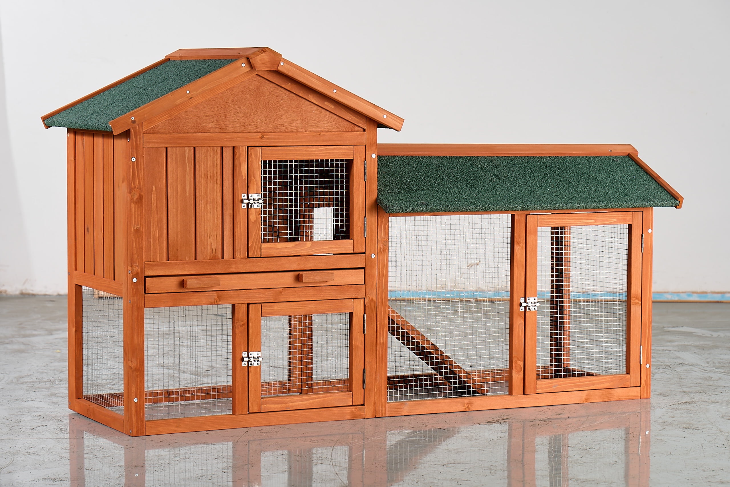 Noaman 2-Story Wooden Rabbit Hutch with Waterproof Roof, Pull-Out Tray & Ramp, 57.87x20.47x33.46in, Brown