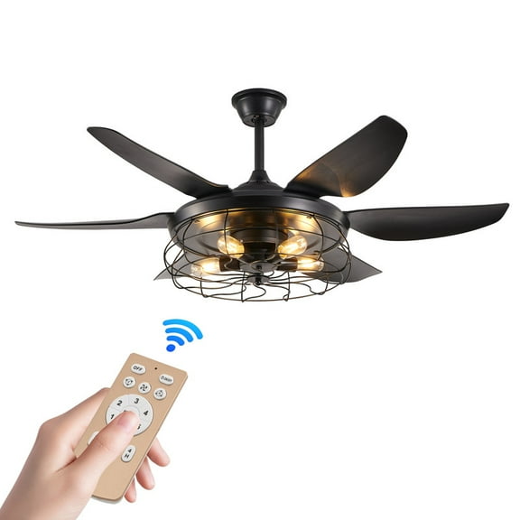52" Modern Black Ceiling Fan with Light and Remote, Industrial 6-Blade Fandelier with Silent Reversible DC Motor, Flush Mount Bedroom Ceiling Fan with Lights (Bulbs Not Included)