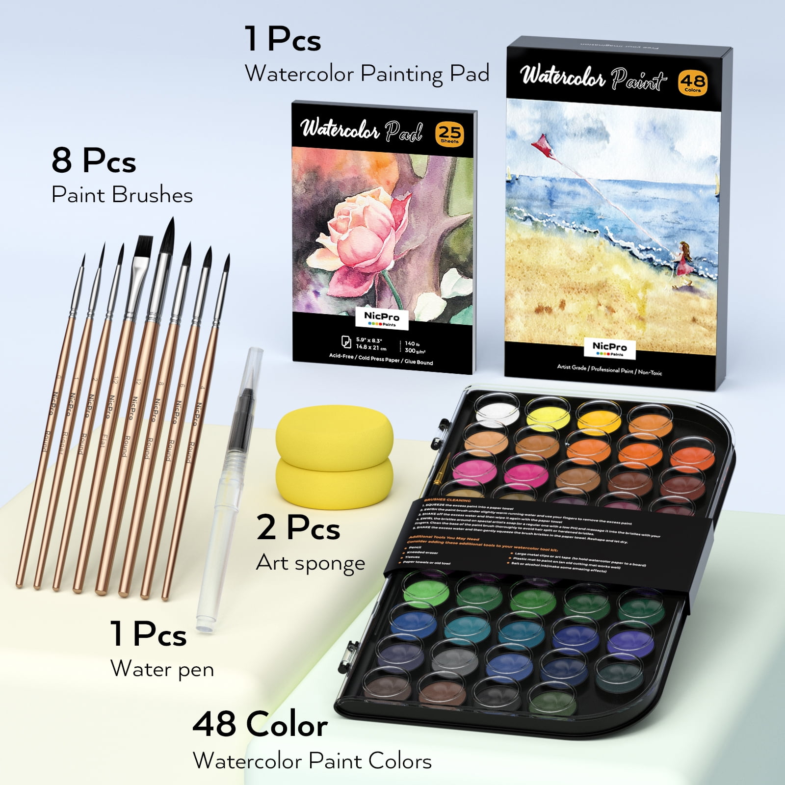 Nicpro Watercolor Paint Set, 48 Water Colors Kit with 8 Painting Brushes, Palette, Watercolor Pen, 25 Art Pad Paper, 2 Art Sponges, Non-toxic Painting Supplies