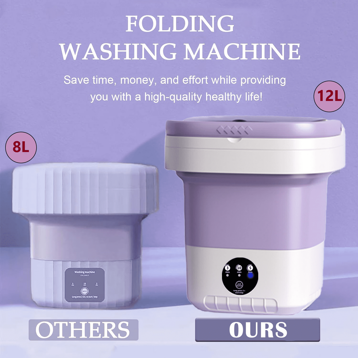 Mini Folding Washing Machine Portable For Clothes With Dryer Bucket Travel Wash 12L (Purple)