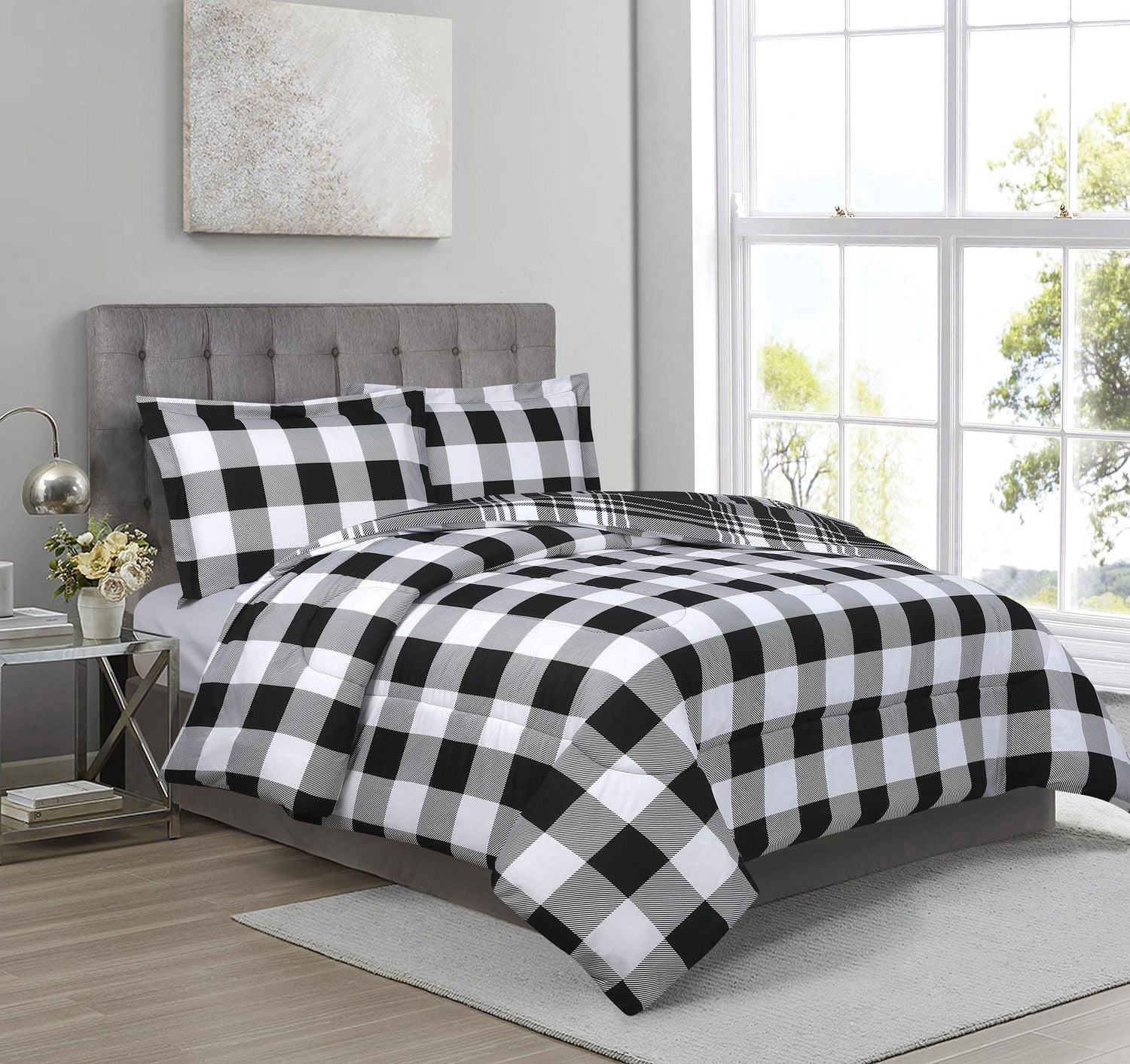 Swift Home 3 Pieces Comforter Set - Buffalo Check Black , Queen Size