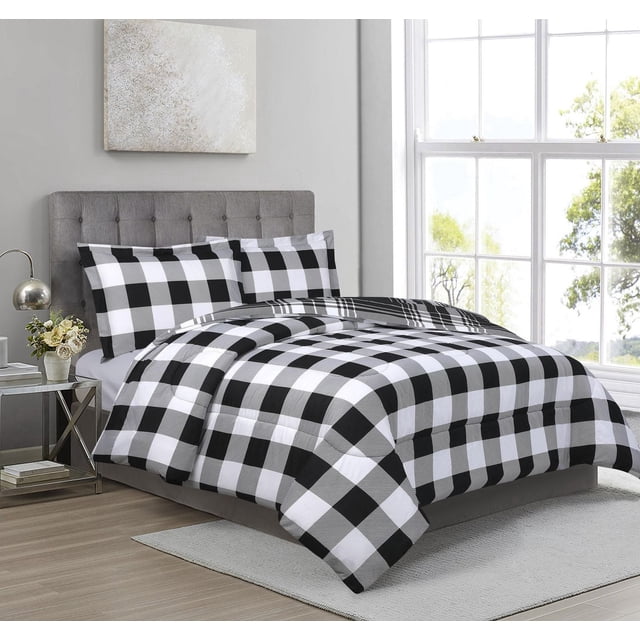 Swift Home 3 Pieces Comforter Set - Buffalo Check Black , Queen Size