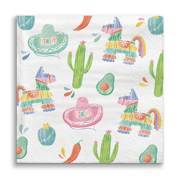 Big Dot of Happiness Fiesta Napkins, Mexican Themed Party Decor, White 3-Ply Paper Luncheon Dinner Napkins, Colorful Pinatas, Sombreros, Cactus, Avocados, Peppers - 24 Count