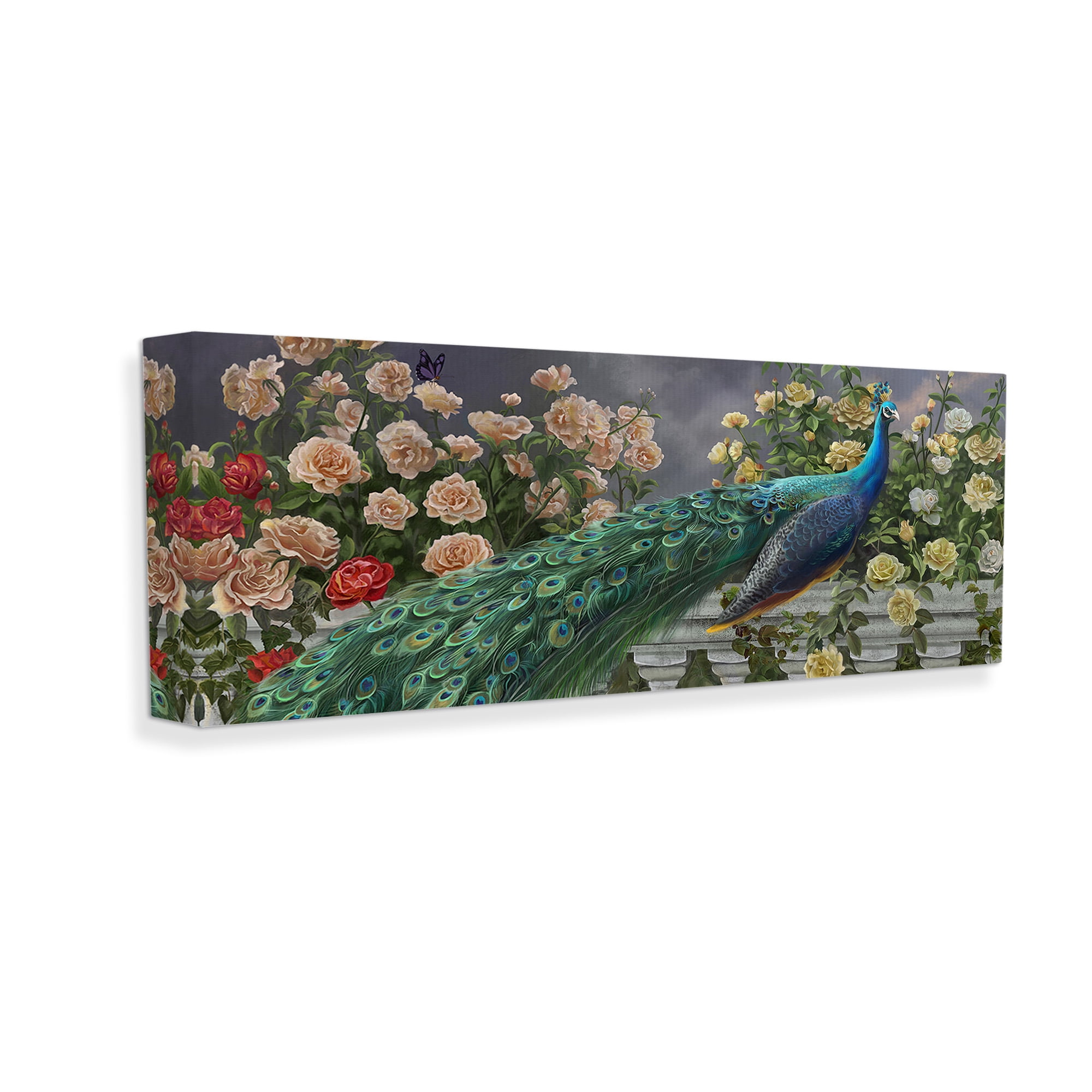 Stupell Industries Peacock & Cottage Blossoms Animals & Insects Painting Gallery Wrapped Canvas Art Print Wall Art, 40 x 17