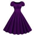 thumbnail image 3 of QLEICOM Women's 1950s Vintage Dresses,Square Neck Back Elastic Waist Short Sleeve Hem Mini Dress, Cocktail Stretchy Evening Party Dresses, Halloween Costumes Slim Swing Dress Purple L, 3 of 6