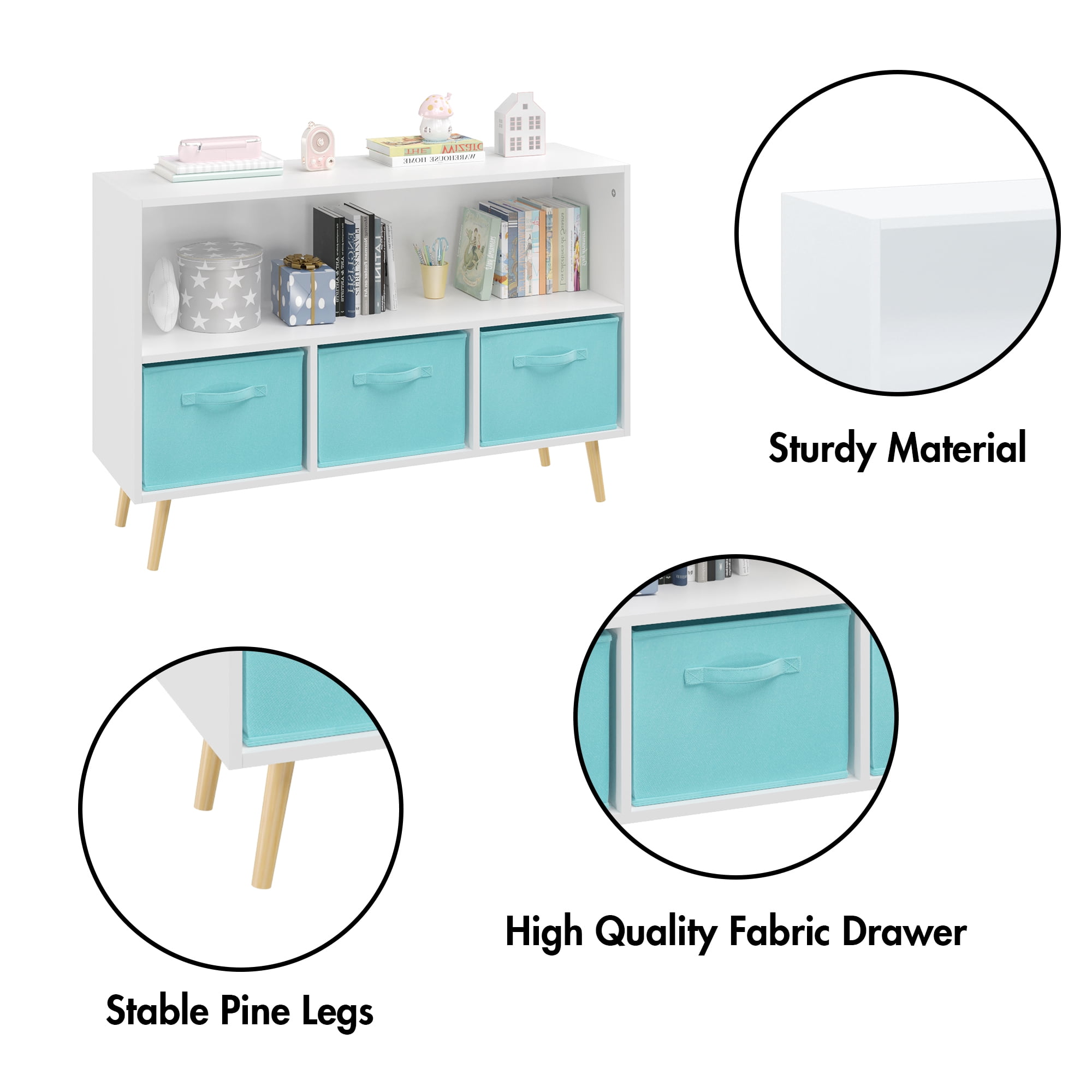 Miniyam Kids Bookcase with Storage Bins, 3 Fabric Drawers, Wooden Toy Organizer for Kids Room, Blue