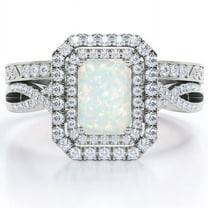 JeenMata Dual Halo Twisted Pave Set - 2 Carat Emerald Cut Genuine Fiery Opal and Moissanite - Edwardian Wedding Set - 18K White Gold Plating over Silver