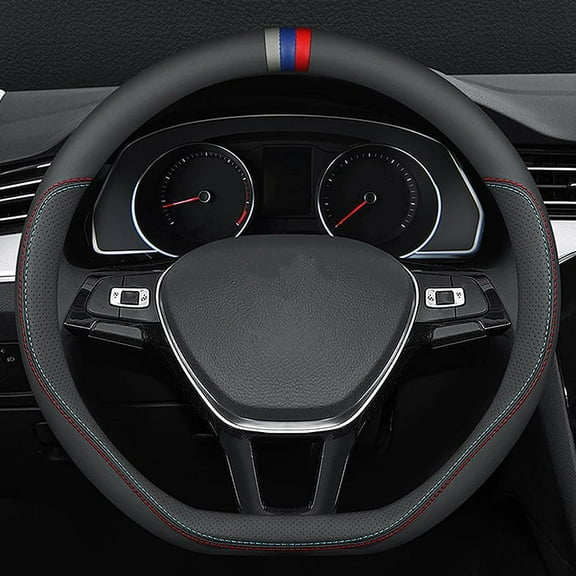 Nappa Leather car Steering Wheel Cover, Stylish Non-Slip Leather car Interior 15 Inches Universal D-Shape, Black Red and Blue Signs