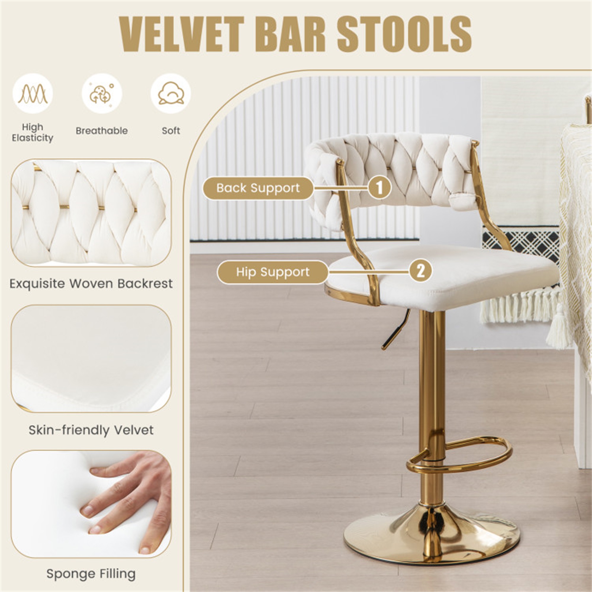 Demi Bonn Swivel Barstool with Woven Back Set of 2 for Kitchen Island Cafe Dining Chairs, White