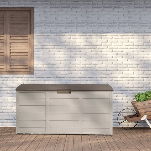 75 Gal Outdoor Storage Deck Box with Seat Lockable Lid 260L Plastic Garden Storage Chest for Patio Backyard Garage Organize Cushions Toys Tools Weather Resistant Brown with Wheels Easy Assembly