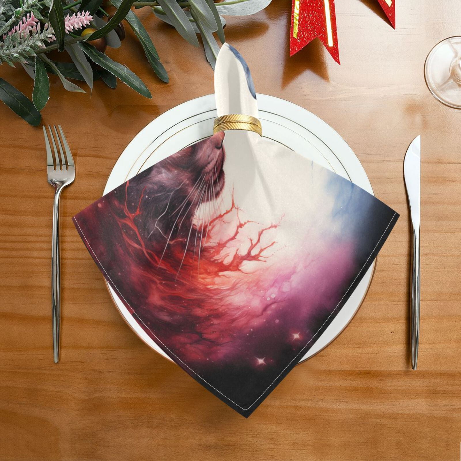 JSTEL Cats in Nebula Cloth Napkins Set of 6, 20x20 Inch Washable and Reusable Napkin for Decoupage Dinner Party Everyday Use