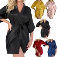 thumbnail image 3 of Roomy Womens Pajamas Summer Short Cardigan Tie Tassel Bathrobe Thin Sexy Nightgown Black Simulation Silk Medium Sleeve Sleeping Robe Sleepwear,Pink,L, 3 of 6