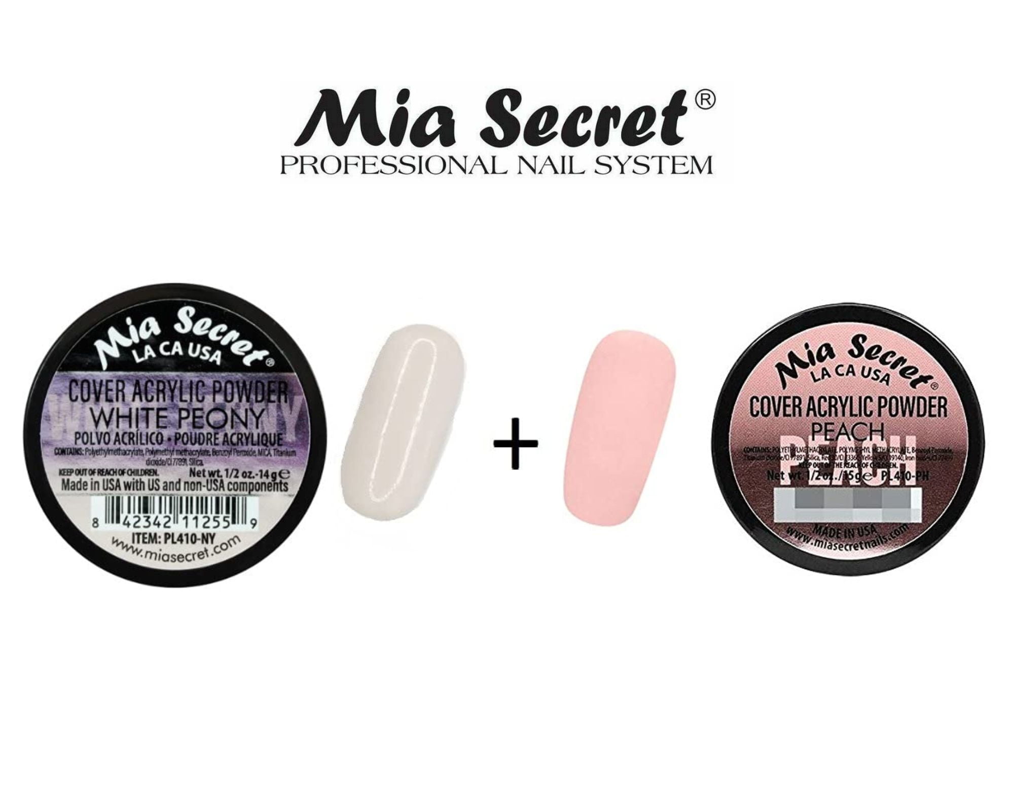 Mia Secret - Liquid Monomer 1oz + (Cover Acrylic Powder White Peony + Cover Acrylic Powder Peach) 0.5 oz. - COMBO