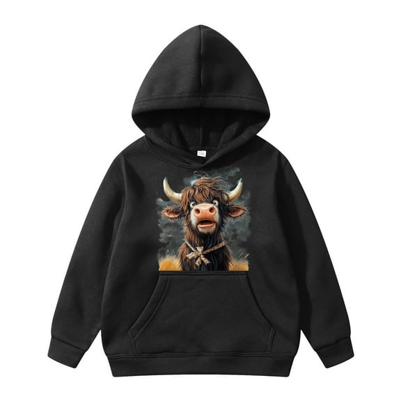 WOYY Hoodies for Girls Highland Cattle Print Pullover Hooded Sweatshirt, Sizes 3-4T