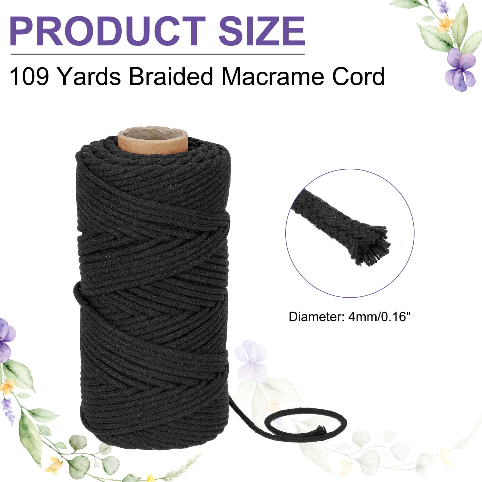 Braided Macrame Cord, 4mm x 109 Yards Natural Cotton Rope Macrame Yarn Bohemia Craft String with Scissors(Black)