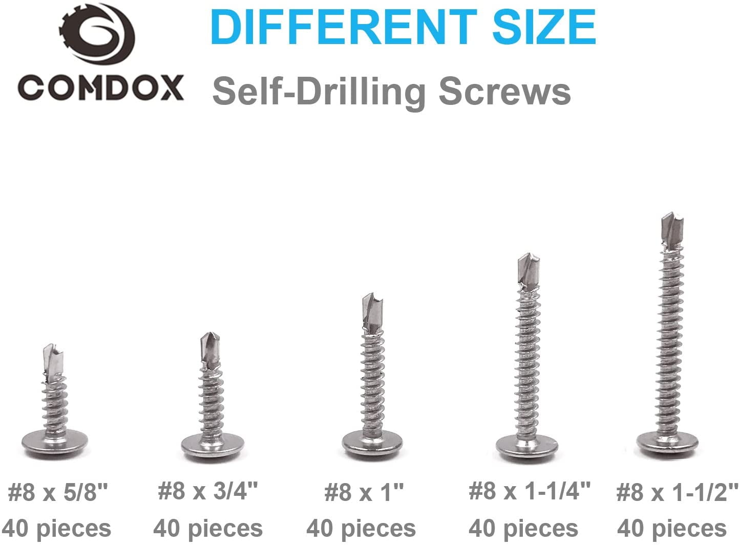 Comdox 200-Pack Self Drilling Screws Kit Set Wafer Head 410 Stainless Steel 