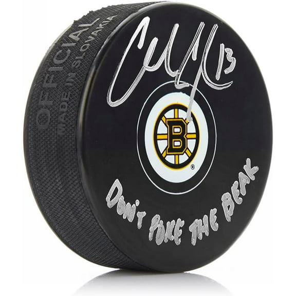 Charlie Coyle Boston Bruins Autographed Hockey Logo Puck Inscibred Don't Poke the Bear