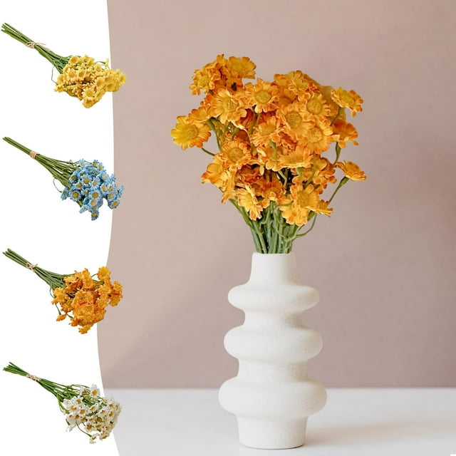 Flores de manzanilla artificial - manojo de 6 ramas, blanco amarillo azul, decoración plástica para el hogar, 14 cm