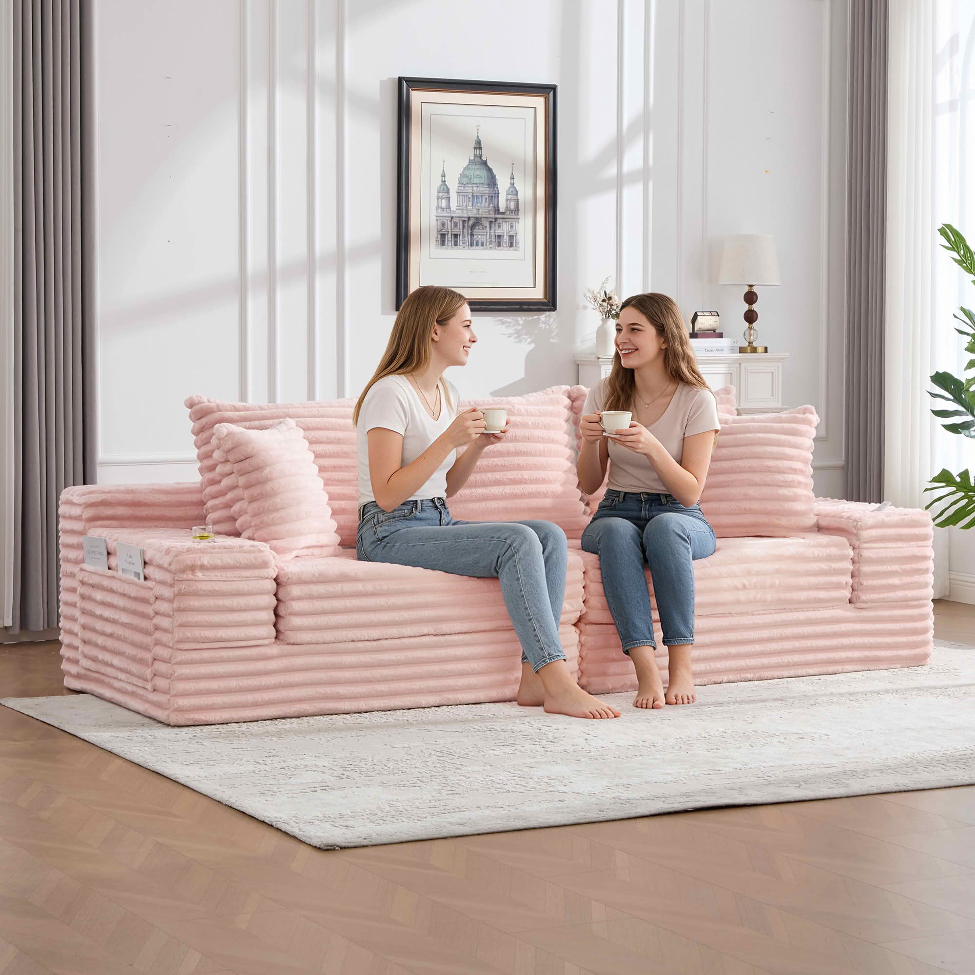 MAYEERTY 4-Seater Boneless Cloud Sofa Bed, Breathable Corduroy Upholstered Couch with Pillows, Cup Holders & Side Pockets, No Assembly for Home Small Spaces