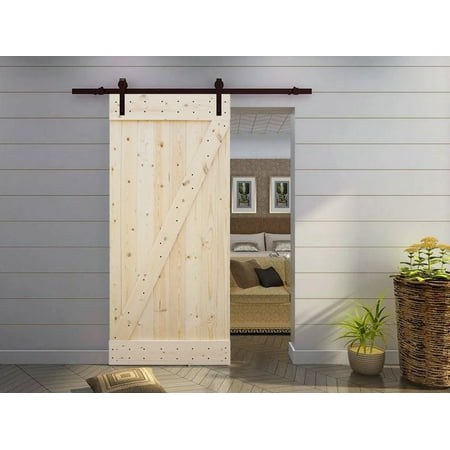CALHOME 38 in. x 84 in. Z-Bar Unfinished Knotty Pine Wooden Sliding Barn Door with Sliding Door Hardware Kit