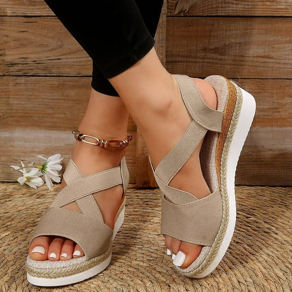 WIZUTIZ Wedge Sandals for Women Hiking Sandals Women Outdoor Comfortable Stretchy Beach Sandals Pull-On Round Toe Summer Shoes Mid Heel (2"-3") Wide Solid Sandals for Older Women Beach Deals Beige