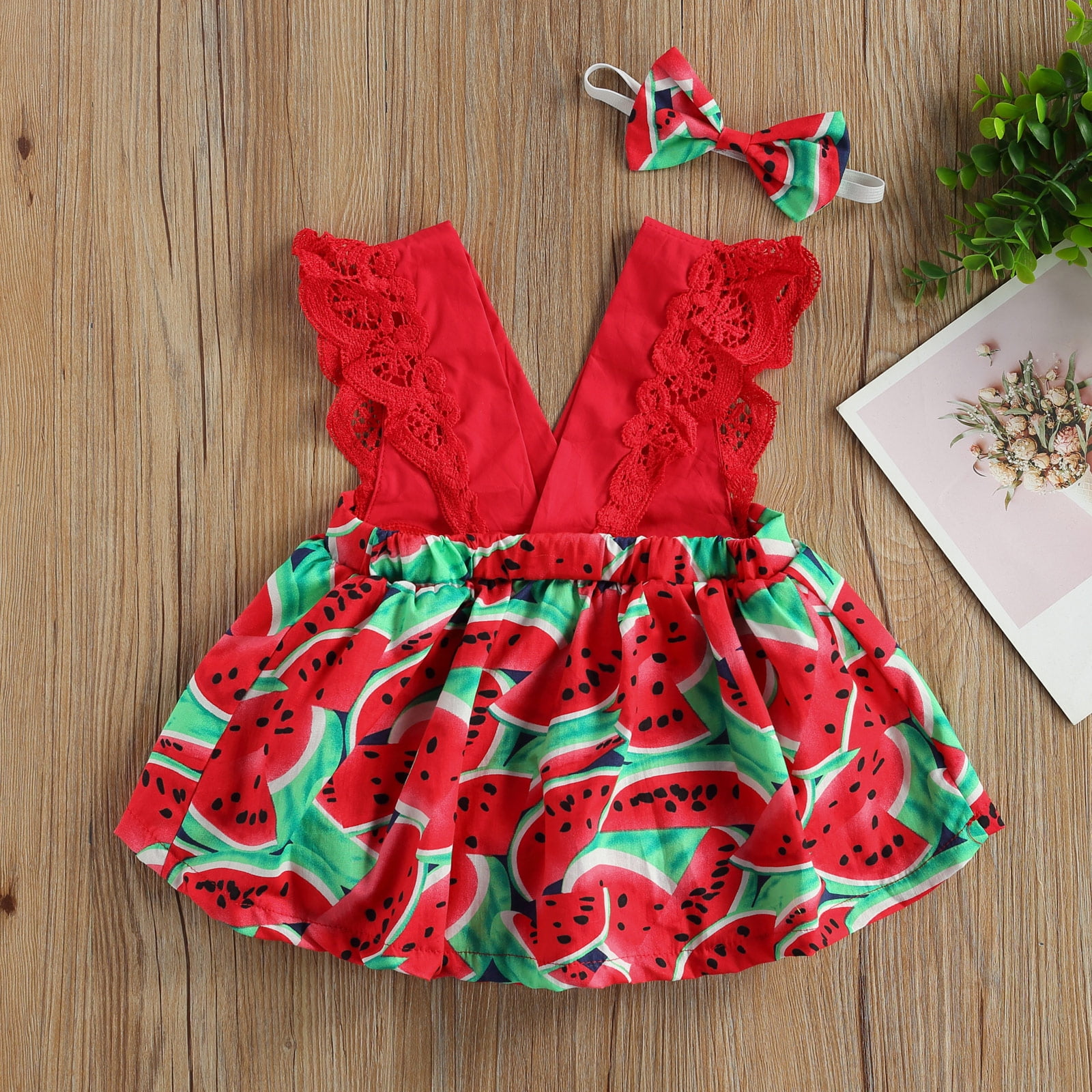 2pcs Baby Girl Allover Watermelon Print Flutter-sleeve Romper with Headband Set