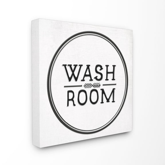 The Stupell Home Decor Collection Wash Room Black and White Faux Aluminum Sign Look Typography Stretched Canvas Wall Art, 17 x 17