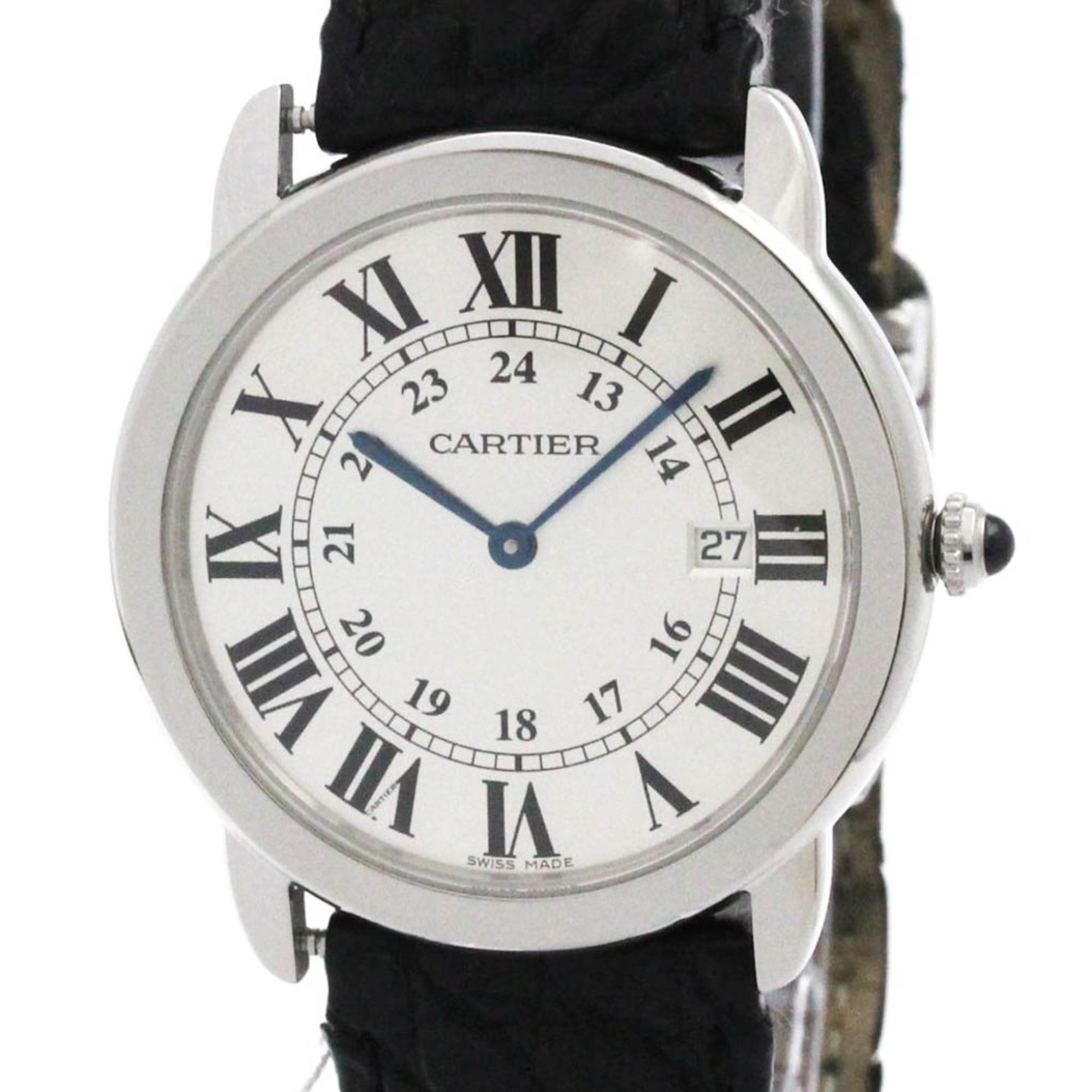 Pre-Owned CARTIER Ronde Solo LM Steel Leather Quartz Mens Watch W6700255 Polished (Good)