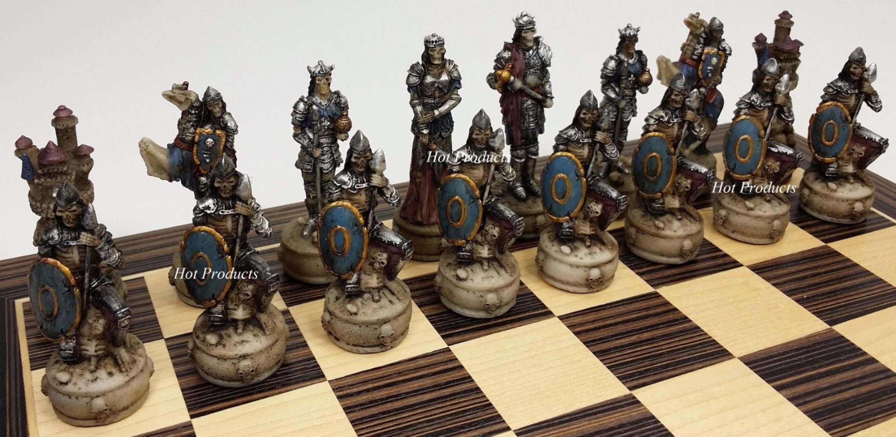 Skeleton Slayer Gothic Skull Chess Set W/ 14" Ebony  Maple Wood Board