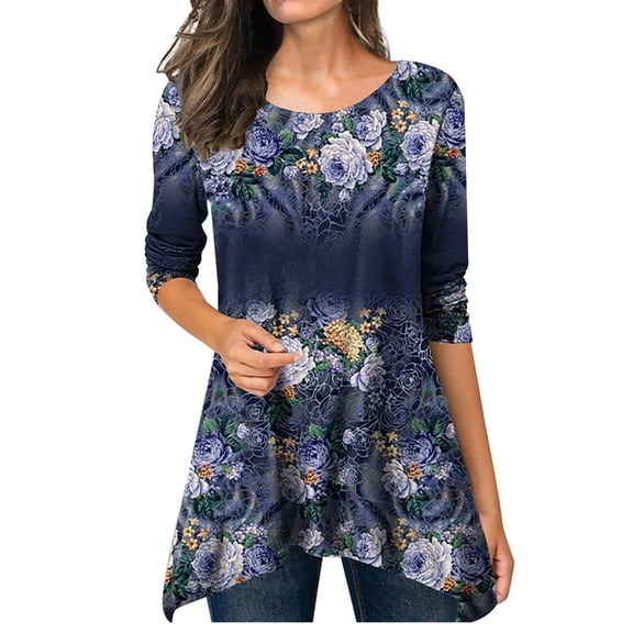 Fall Clothes For Women 2022 Crewneck Long Sleeve Shirt Floral Print Tunic Top Irregular Hem Full Sleeve Long Shirts fall clothes for women 2022 oversized sweaters cropped sweater