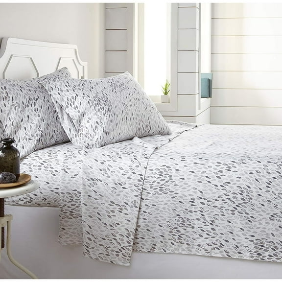 Botanical Leaves Collection, 4-Piece, 14-Inch Deep Pocket Sheet Set, Easy Care, Shrinkage Free Sheet Set with 1 Flat Sheet, 1 Fitted Sheet, 2 Pillowcases, White with Grey Leaves, King