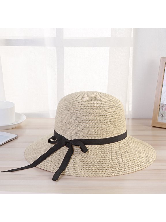 Women's summer straw sun hat bow fisherman hat seaside beige 1 piece