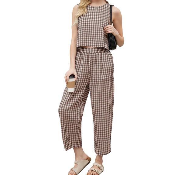 Czanzd Women's Cotton Gingham Two-Piece Outfit,Khaki,Size S