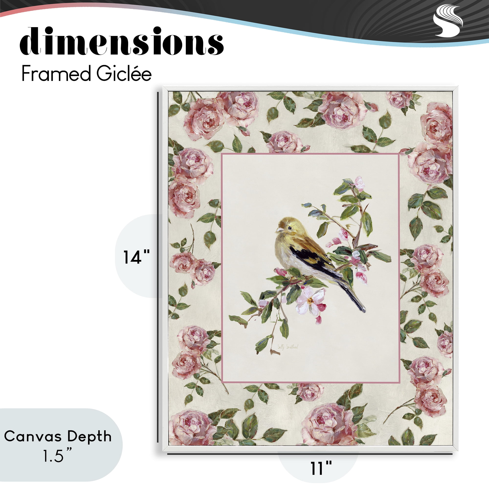 Stupell Industries Perched Bird with Dainty Roses White Framed Giclee Art, design by Sally Swatland