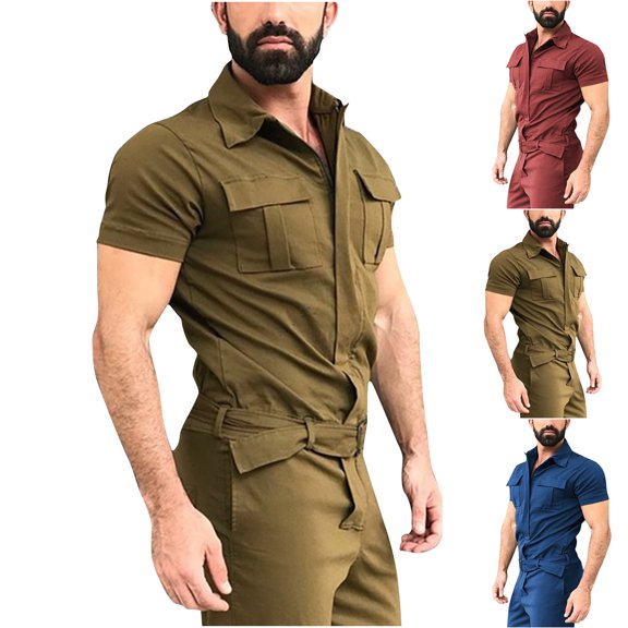 VBTAPA Mens Work Overalls Short Sleeve Zip Up Coverall Solid Basic Workwear Lightweight Cargo Jumpsuit One Piece Construction Romper Pants Army Green M