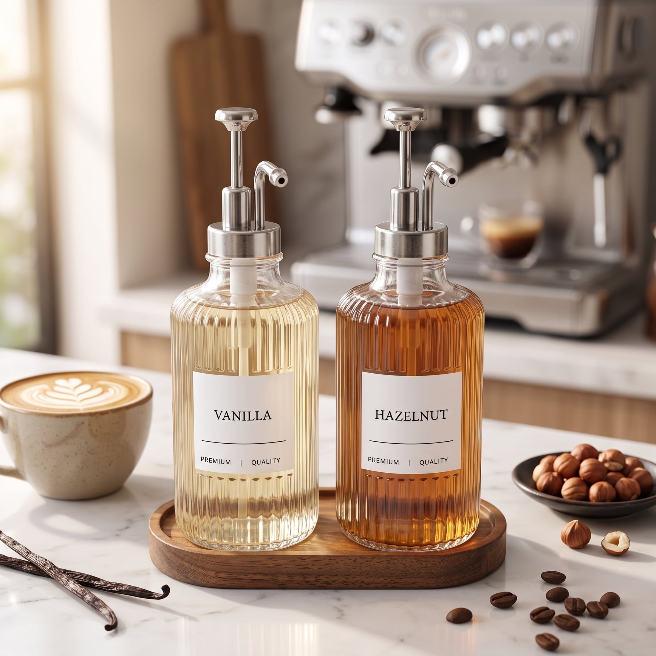 Cook with Color Ribbed Glass Syrup Dispenser Set with Wooden Base, 2-Pack