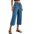 thumbnail image 5 of Linen Capris for Women Wide Leg Petite Pull On Pants with Drawstring Elastic Waist Casual Cropped Pants Light Blue 2XL, 5 of 6
