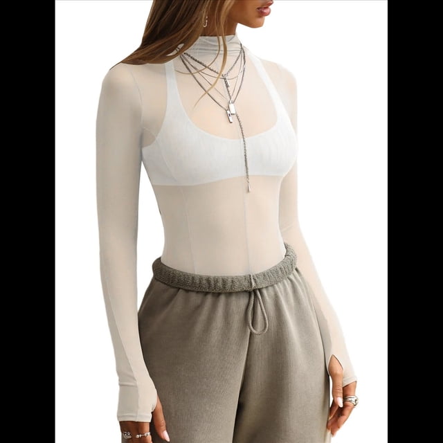 Blusa de Larga de para Mujer, Blusa de Encaje Transparente con Cuello Alto y Bordado Floral. XL