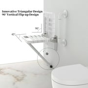 Folding Shower Seat White 14.5x 13.4 Inch , Wall Mounted Stainless Steel Shower Seats for Bathroom, Fold Down Shower Chair Shower Bench w/ Assist Garb Bar for Handicap Elderly Injury Senior
