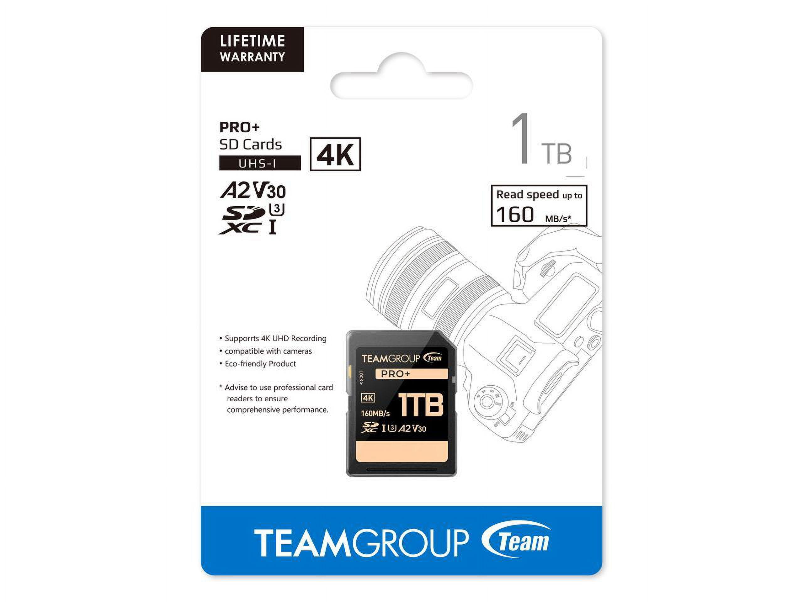 Team Group 1TB PRO+ SDXC U3 V30 A2 4K SD Card, Read/Write Speed Up to 160/90MB/s (TPPSDX1TIA2V3001)