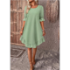 thumbnail image 4 of Vestido Corto Holgado con Mangas Abullonadas, Bajo con Volantes, Cuello Redondo y Fruncido, Color Verde Calabaza, Talla M, 4 of 10