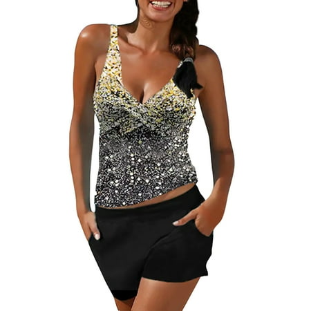 Baqcunre Swim Suits for Women 2024  Women s Swimwear Tankini 2 Piece Normal Swimsuit High Waisted Color Block Golden Black Padded V Wire Bathing Suits  Bikini Sets for Women  Gold 4XL