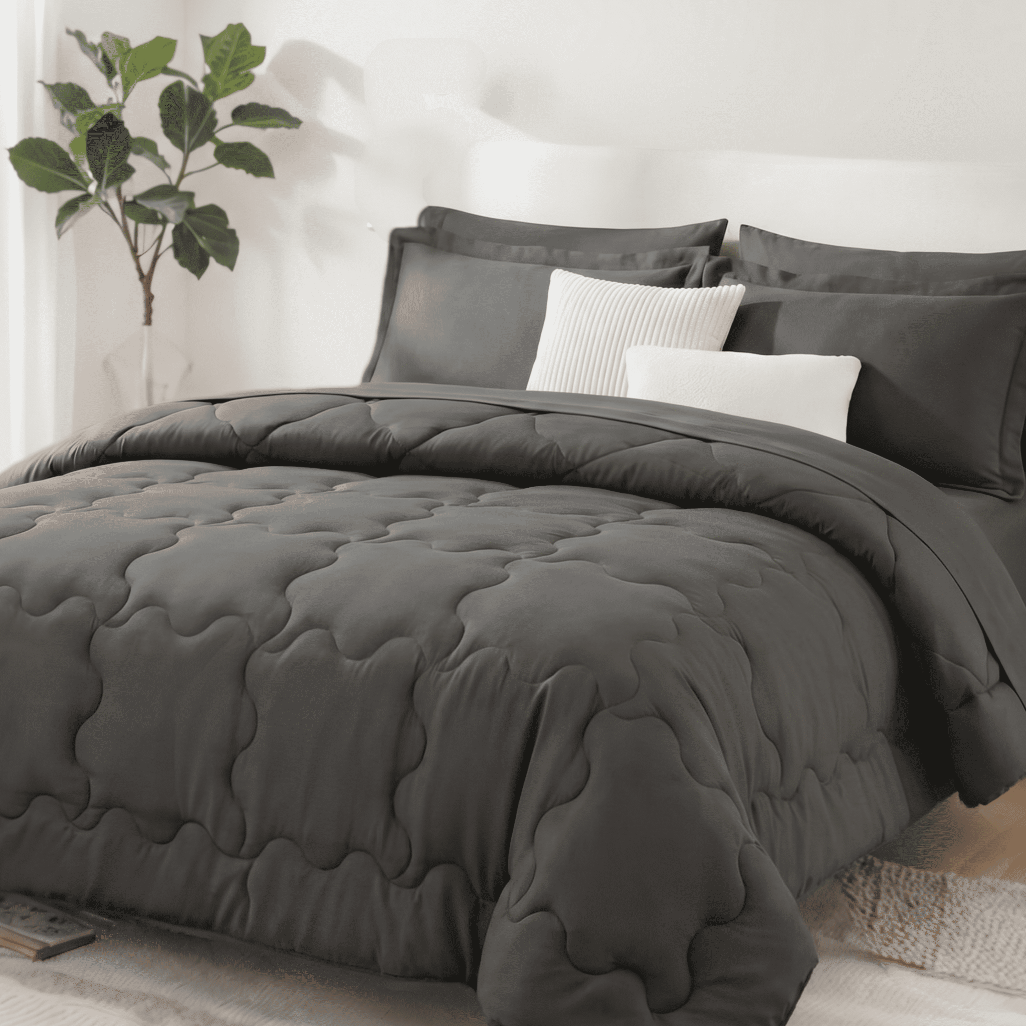 BDEUS Queen Comforter Set, 5 Pieces Comforter Set, Bed in a Bag, Bedding Set with Comforter, Fitted Sheet, Flat Sheet, Pillowcase, All Season, Dark Gray