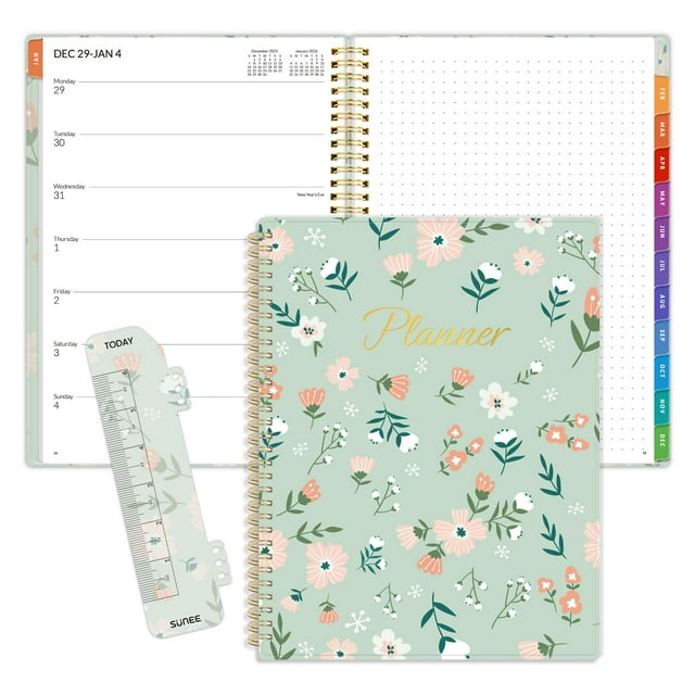 SUNEE 2026 Weekly and Monthly Planner - January 2026-December 2026, 8.5"x11" Half Weekly Half Note, Daily Agenda Planner with PVC Waterproof Cover, Monthly Tab, Note, Pockets, Bookmark, Wildflowers