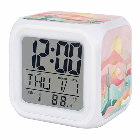 South West Boho Digital Alarm Clock for Bedrooms, Smart LED Alarm Clock with 7 Color Changing Night Light, Abstract Pink Gold Mountains Cactus Silent Wake Up Clocks for Sleep Study Cooking 3.2x3.2