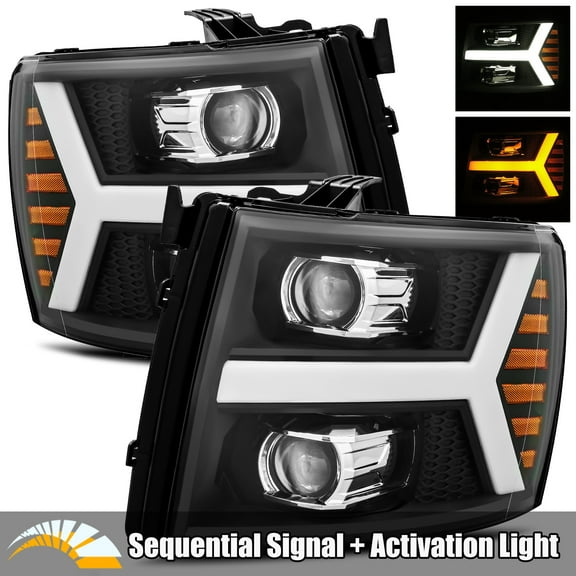 AlphaRex PRO-Series Black For 07-13 Chevy Silverado 1500/07-14 Silverado 2500HD/3500HD LED Tube Dual Projector Headlights with Switchback DRL/Sequential Signal/Activation Light
